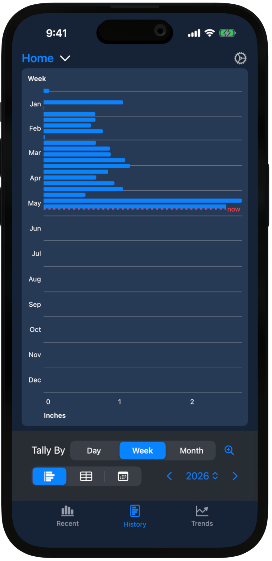 Rain Tally History bar chart on iPhone — the full year as horizontal bars, one per week, with a Day/Week/Month tally toggle